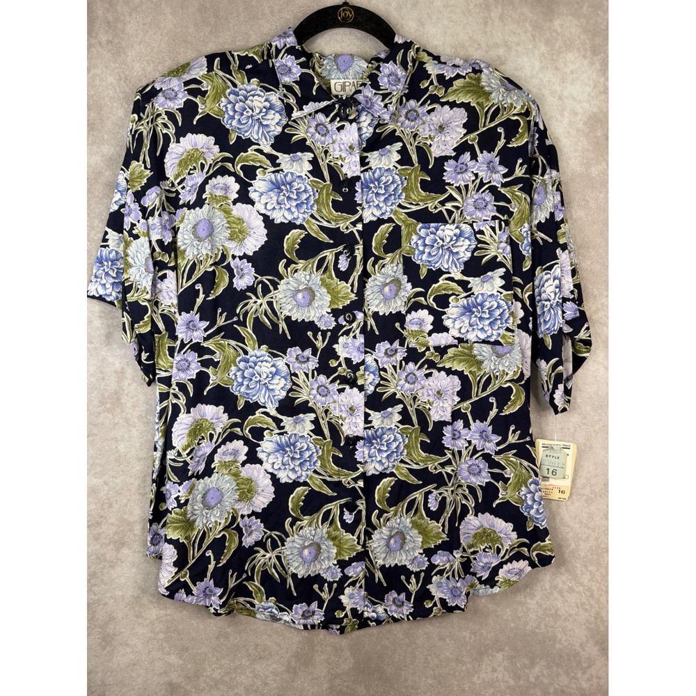 Giraffe Button Front Blouse Womens 16 Navy Blue Floral Vintage 90s Rayon USA NWT